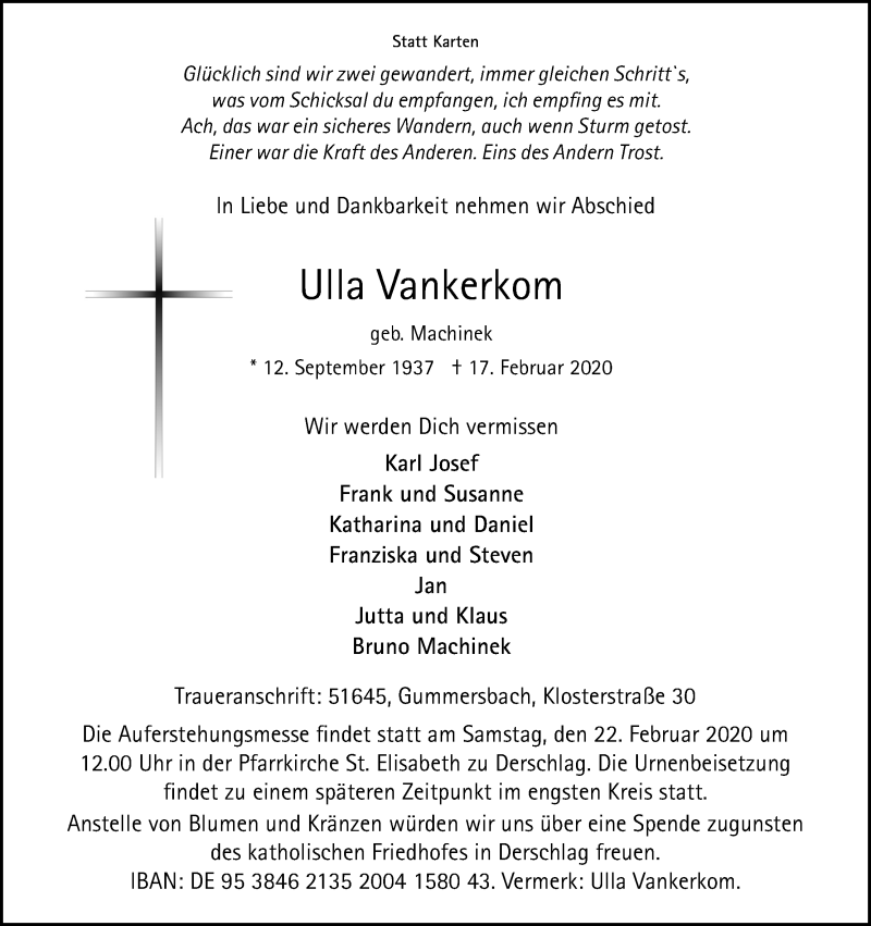  Traueranzeige für Ulla Vankerkom vom 19.02.2020 aus Kölner Stadt-Anzeiger / Kölnische Rundschau / Express