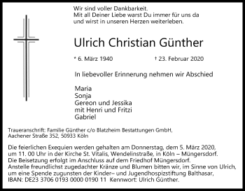 Anzeige von Ulrich Christian Günther von Kölner Stadt-Anzeiger / Kölnische Rundschau / Express