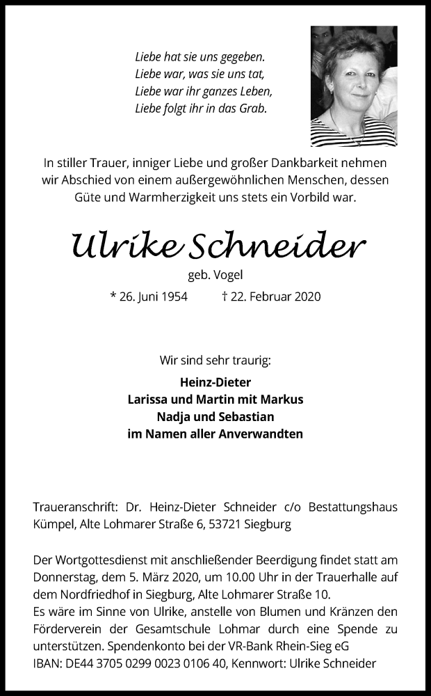  Traueranzeige für Ulrike Schneider vom 29.02.2020 aus Kölner Stadt-Anzeiger / Kölnische Rundschau / Express