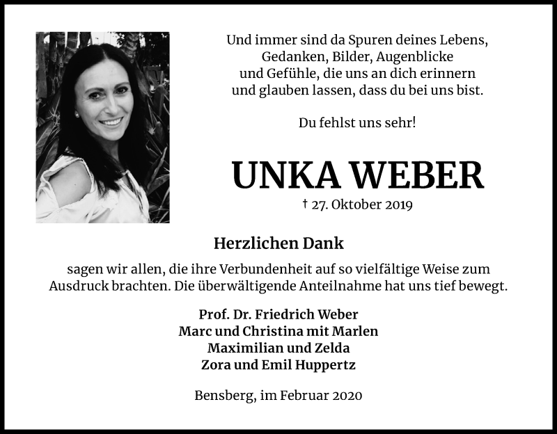  Traueranzeige für Unka Weber vom 15.02.2020 aus Kölner Stadt-Anzeiger / Kölnische Rundschau / Express