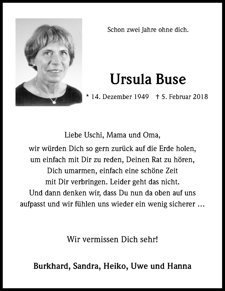  Traueranzeige für Ursula Buse vom 05.02.2020 aus Kölner Stadt-Anzeiger / Kölnische Rundschau / Express