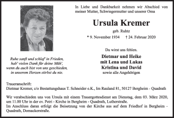 Anzeige von Ursula Kremer von  Sonntags-Post 