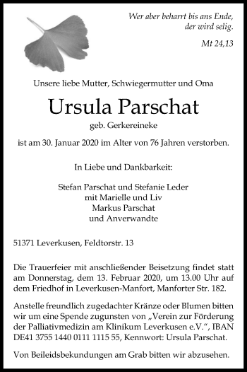 Anzeige von Ursula Parschat von Kölner Stadt-Anzeiger / Kölnische Rundschau / Express