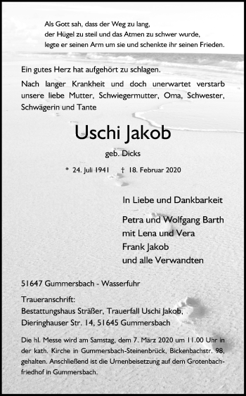 Anzeige von Uschi Jakob von Kölner Stadt-Anzeiger / Kölnische Rundschau / Express
