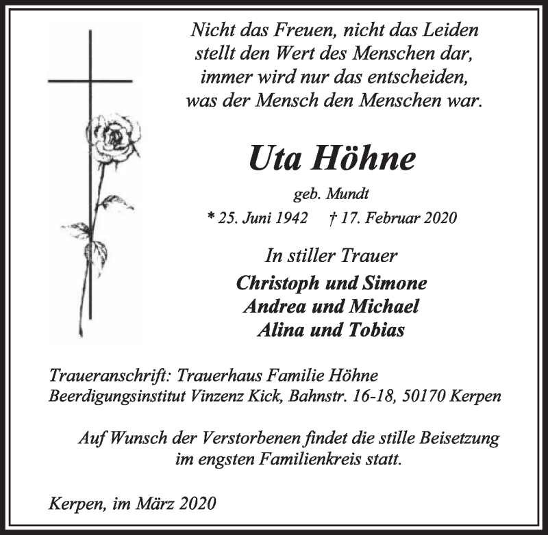  Traueranzeige für Uta Höhne vom 29.02.2020 aus  Sonntags-Post 