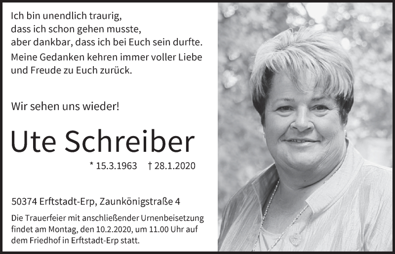  Traueranzeige für Ute Schreiber vom 08.02.2020 aus  Sonntags-Post 