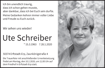 Anzeige von Ute Schreiber von  Sonntags-Post 