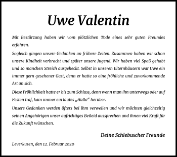 Anzeige von Uwe Valentin von Kölner Stadt-Anzeiger / Kölnische Rundschau / Express