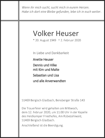 Anzeige von Volker Heuser von  Bergisches Sonntagsblatt 