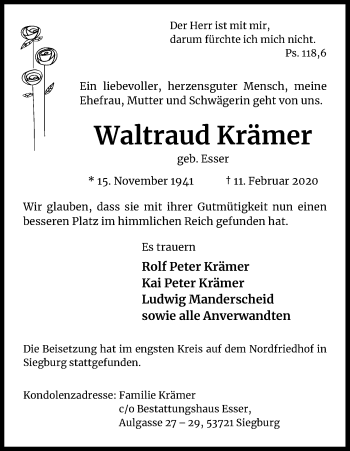 Anzeige von Waltraud Krämer von Kölner Stadt-Anzeiger / Kölnische Rundschau / Express