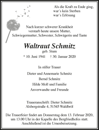 Anzeige von Waltraut Schmitz von  Lokalanzeiger 