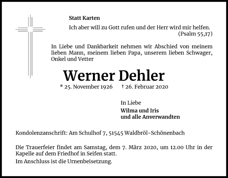  Traueranzeige für Werner Dehler vom 29.02.2020 aus Kölner Stadt-Anzeiger / Kölnische Rundschau / Express