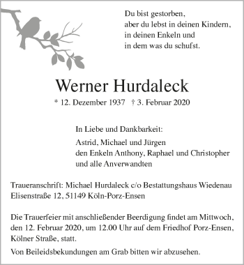 Anzeige von Werner Hurdaleck 