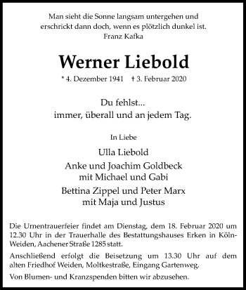 Anzeige von Werner Liebold von Kölner Stadt-Anzeiger / Kölnische Rundschau / Express