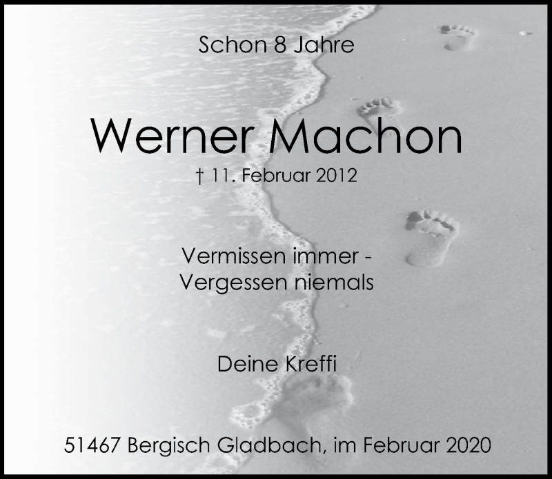  Traueranzeige für Werner Machon vom 12.02.2020 aus  Bergisches Handelsblatt 
