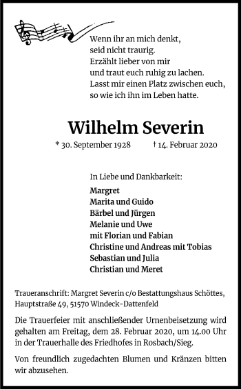 Anzeige von Wilhelm Severin von Kölner Stadt-Anzeiger / Kölnische Rundschau / Express