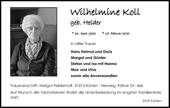 Anzeige von Wilhelmine Koll von Kölner Stadt-Anzeiger / Kölnische Rundschau / Express