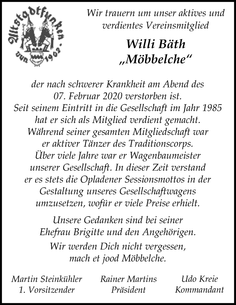  Traueranzeige für Willi Bäth vom 29.02.2020 aus Kölner Stadt-Anzeiger / Kölnische Rundschau / Express
