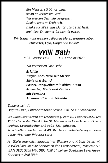 Anzeige von Willi Bäth von Kölner Stadt-Anzeiger / Kölnische Rundschau / Express