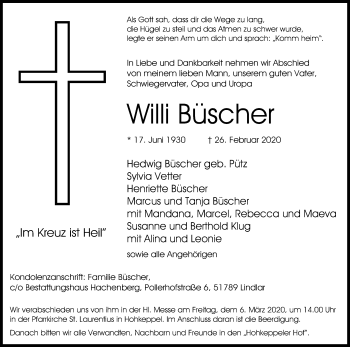 Anzeige von Willi Büscher von Kölner Stadt-Anzeiger / Kölnische Rundschau / Express