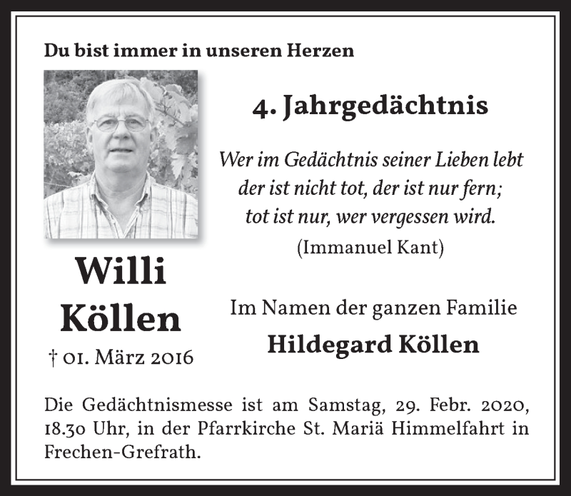 Traueranzeige für Willi Köllen vom 19.02.2020 aus  Wochenende 