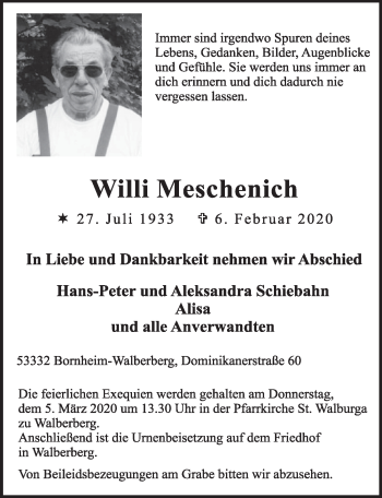 Anzeige von Willi Meschenich von  Schlossbote/Werbekurier 