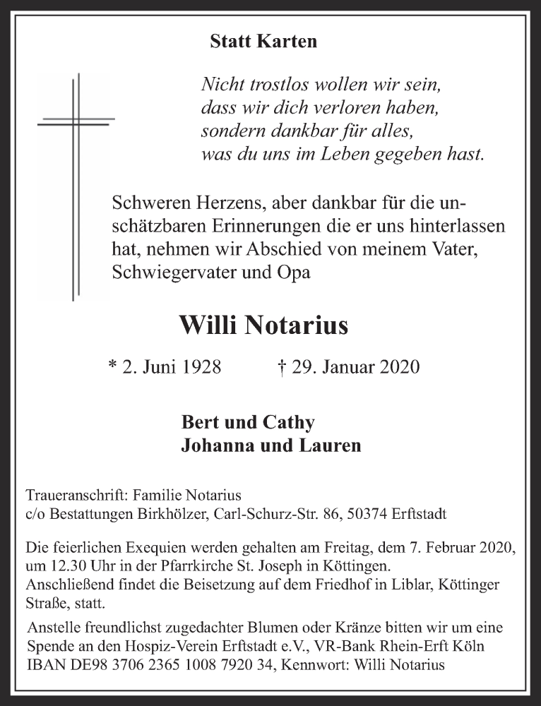  Traueranzeige für Willi Notarius vom 05.02.2020 aus  Werbepost 