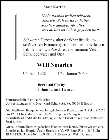 Anzeige von Willi Notarius von Kölner Stadt-Anzeiger / Kölnische Rundschau / Express