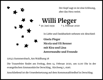 Anzeige von Willi Pleger von Kölner Stadt-Anzeiger / Kölnische Rundschau / Express