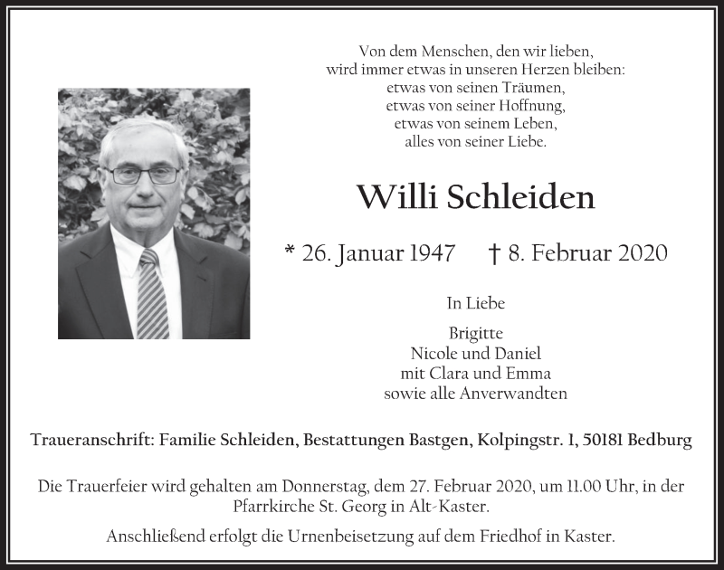  Traueranzeige für Willi Schleiden vom 19.02.2020 aus  Werbepost 