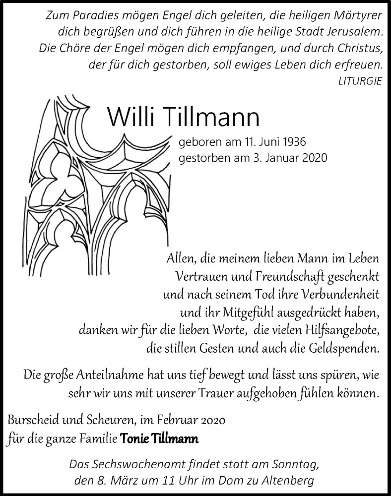  Traueranzeige für Willi Tillmann vom 29.02.2020 aus Kölner Stadt-Anzeiger / Kölnische Rundschau / Express