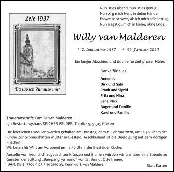 Anzeige von Willy van van Malderen von Kölner Stadt-Anzeiger / Kölnische Rundschau / Express