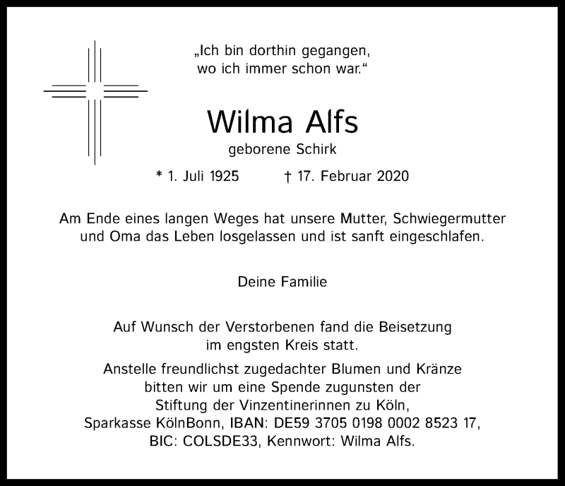  Traueranzeige für Wilma Alfs vom 29.02.2020 aus Kölner Stadt-Anzeiger / Kölnische Rundschau / Express