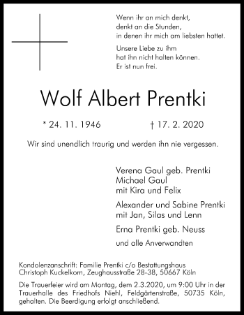 Anzeige von Wolf Albert Prentki von Kölner Stadt-Anzeiger / Kölnische Rundschau / Express