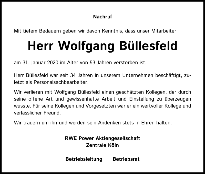  Traueranzeige für Wolfgang Büllesfeld vom 12.02.2020 aus Kölner Stadt-Anzeiger / Kölnische Rundschau / Express