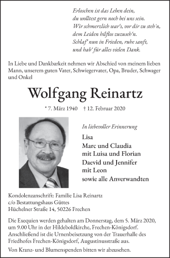 Anzeige von Wolfgang Reinartz von  Sonntags-Post 