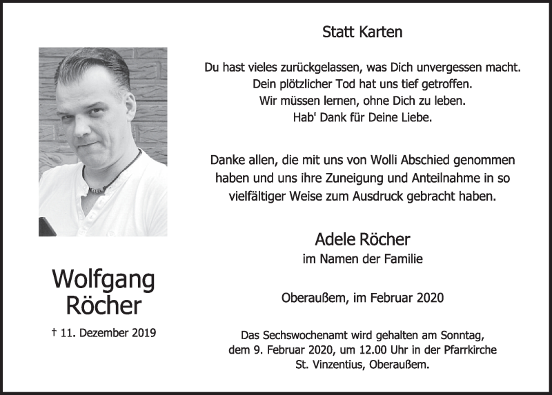  Traueranzeige für Wolfgang Röcher vom 01.02.2020 aus  Sonntags-Post 