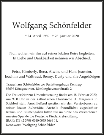 Anzeige von Wolfgang Schönfelder von  Bergisches Sonntagsblatt 