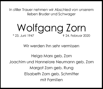 Anzeige von Wolfgang Zorn von Kölner Stadt-Anzeiger / Kölnische Rundschau / Express
