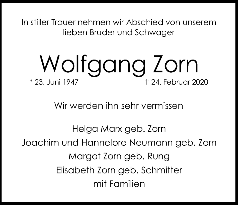  Traueranzeige für Wolfgang Zorn vom 29.02.2020 aus Kölner Stadt-Anzeiger / Kölnische Rundschau / Express