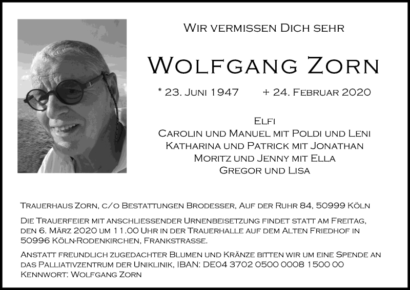  Traueranzeige für Wolfgang Zorn vom 29.02.2020 aus Kölner Stadt-Anzeiger / Kölnische Rundschau / Express