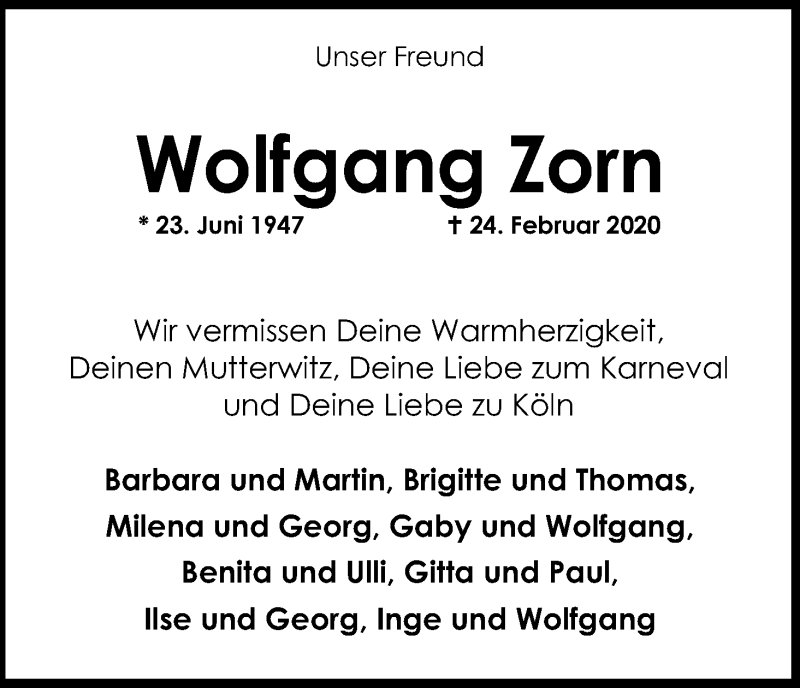  Traueranzeige für Wolfgang Zorn vom 29.02.2020 aus Kölner Stadt-Anzeiger / Kölnische Rundschau / Express