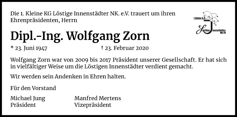  Traueranzeige für Wolfgang Zorn vom 29.02.2020 aus Kölner Stadt-Anzeiger / Kölnische Rundschau / Express