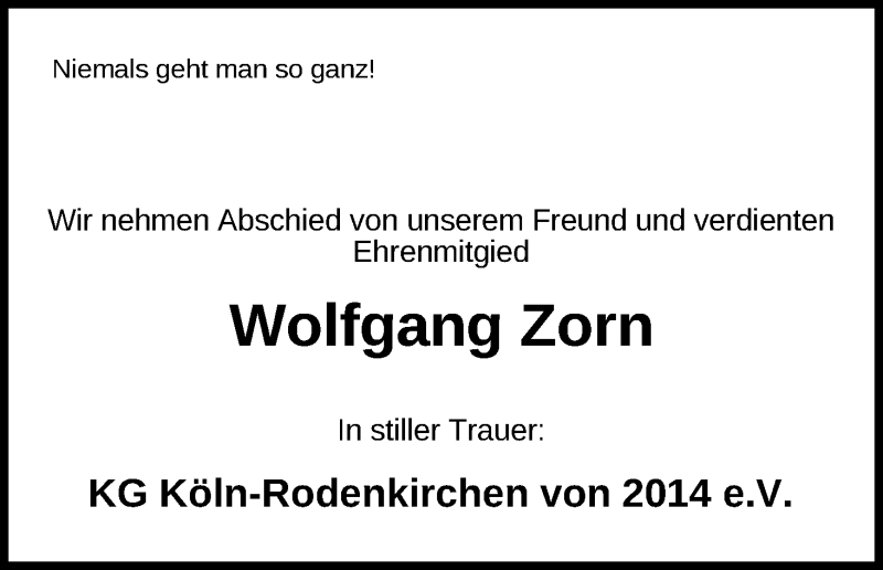  Traueranzeige für Wolfgang Zorn vom 29.02.2020 aus Kölner Stadt-Anzeiger / Kölnische Rundschau / Express