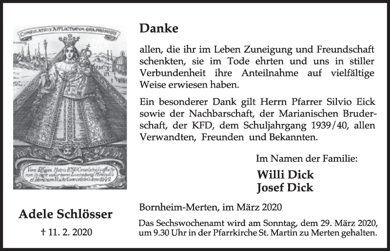  Traueranzeige für Adele Schlösser vom 18.03.2020 aus  Schlossbote/Werbekurier 