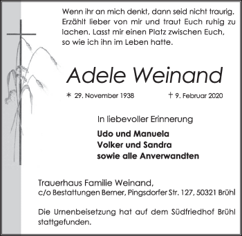 Anzeige von Adele Weinand von  Schlossbote/Werbekurier 