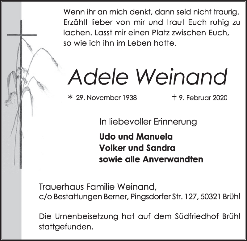  Traueranzeige für Adele Weinand vom 18.03.2020 aus  Schlossbote/Werbekurier 