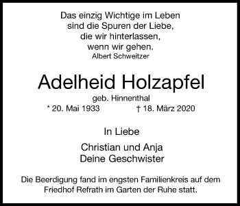 Anzeige von Adelheid Holzapfel von Kölner Stadt-Anzeiger / Kölnische Rundschau / Express