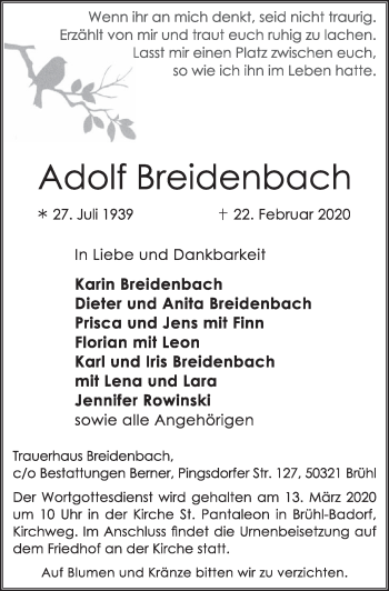 Anzeige von Adolf Breidenbach von  Schlossbote/Werbekurier 