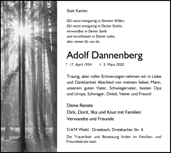 Anzeige von Adolf Dannenberg von  Anzeigen Echo 